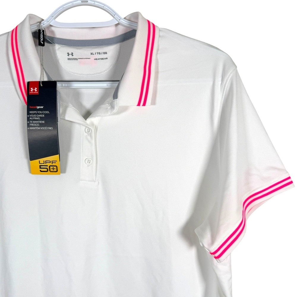 Under Armour HeatGear Golf Polo Shirt Womens XL White Pink UPF 50+ Short Sleeve